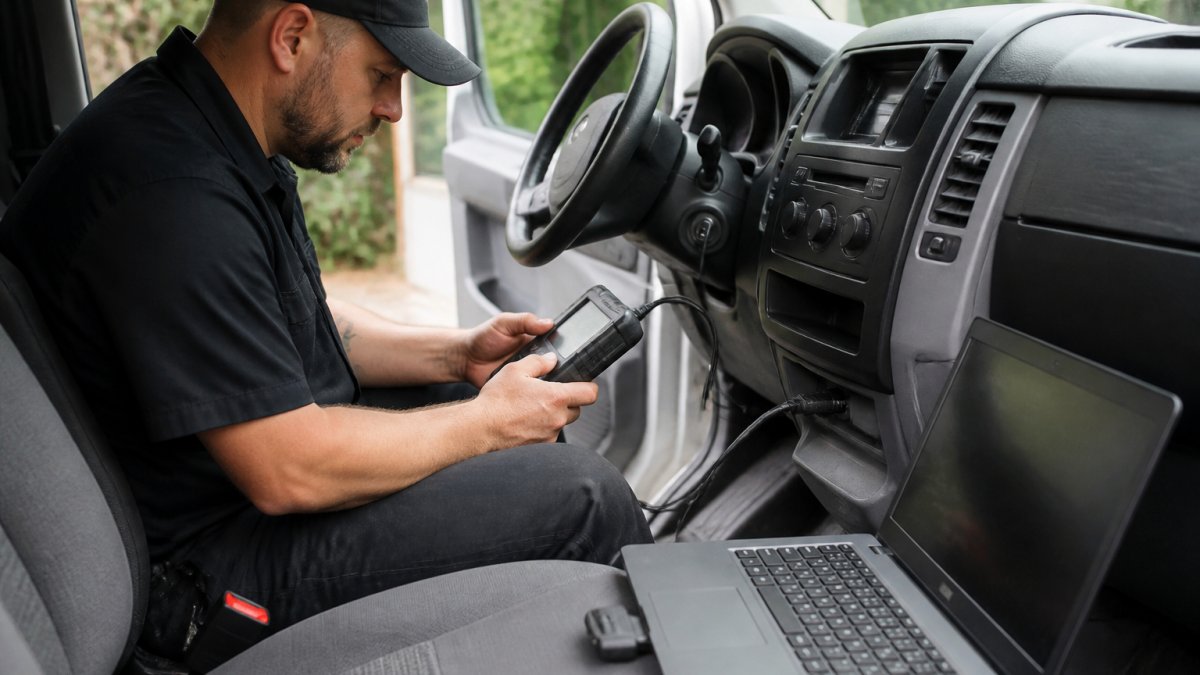 Locksmith using diagnostic tools for transponder key programming inside a mobile service van