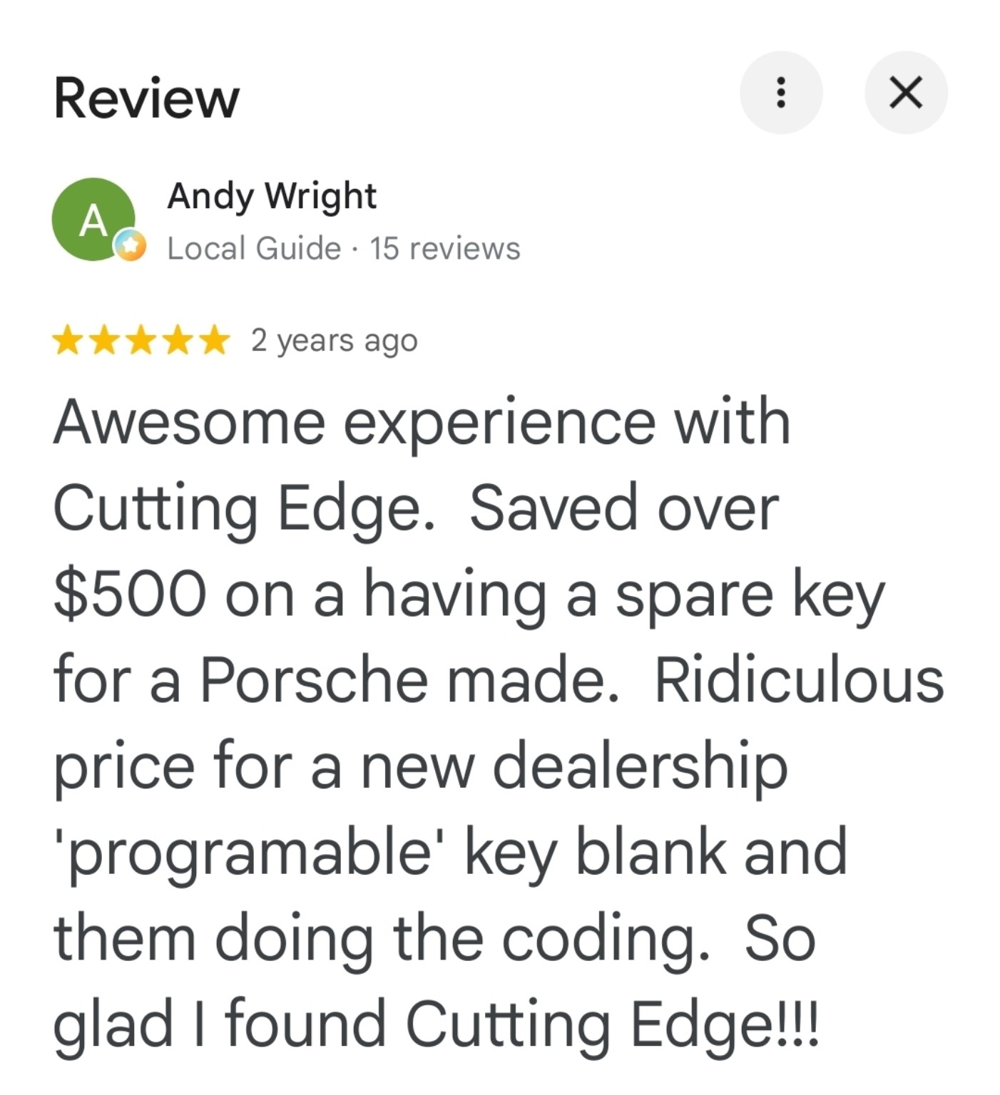 Five-star Google review by Andy Wright